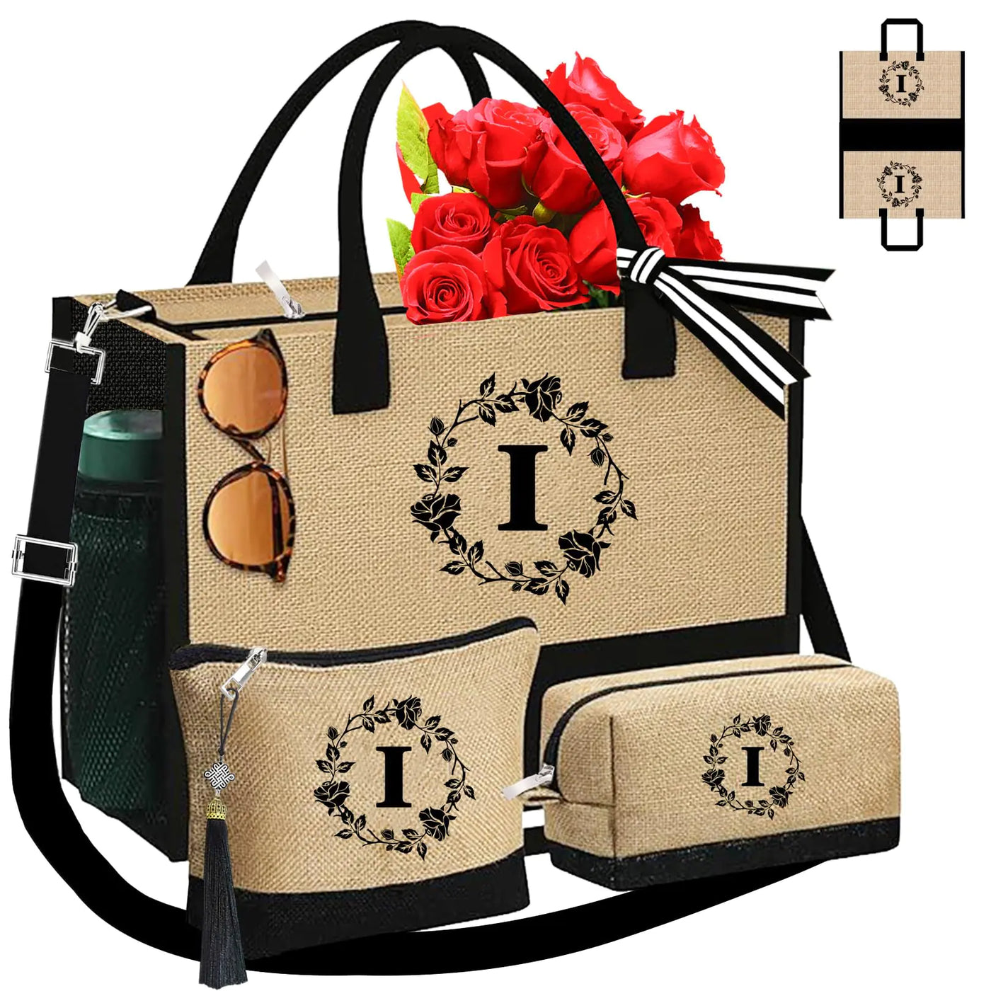 Adoryoung Monogrammed Tote Bags 3Pcs Unique Birthday Gifts for Women Initial Personalized Jute & Makeup Bag Tote Bags for Women Her Girlfriend Friends Female Sister Teacher Mom (I)