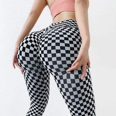 Peach High Waist Checkered Yoga Pants for Lifting