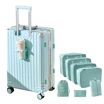 YANQIAO Aluminum Frame Carry-on Luggage Hardside Carry-on Suitcase Zipperless Suitcase Spinner Luggage with Cup Holder and TSA Locks (Blue + Organizer Bags Carry-On 20-Inch)